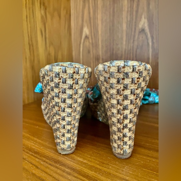 EUC VTG PELLE MODA Printed Scarf Tie Wedge Espadrilles 6.5 Aqua/Rust Brown/Gold - Picture 13 of 16
